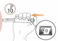 A hand holding an injection pen with the thumb ready to press the button and a timer indicating ten seconds next to a display at zero