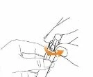 Two hands holding an injection pen with a curved orange arrow indicating clockwise rotation to activate the device