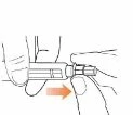 Two hands holding a syringe horizontally with an orange arrow indicating the movement to push right for administration