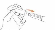 A hand holding a cylindrical device and moving it with an orange arrow toward another component for assembly