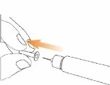 A hand holding an injection pen while an orange arrow indicates the movement of inserting a component