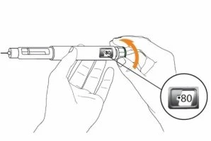 Two hands holding an injection pen with a clockwise rotation showing the digital display indicating the number 80