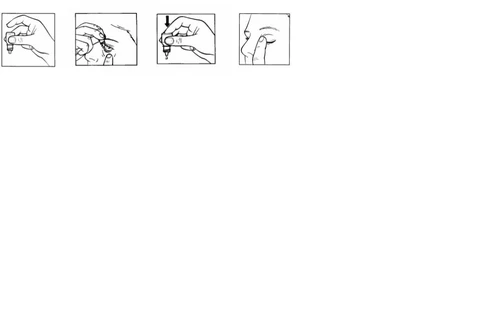 Quattro disegni sequenziali mostrano come impugnare un dispositivo medico, applicarlo sulla pelle del naso e premere verso il basso