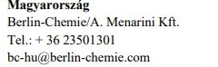 Testo nero su sfondo bianco con la scritta Magyarország, Berlin-Chemie/A. Menarini Kft., numero di telefono e indirizzo email aziendale