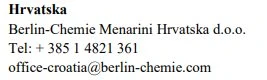 Testo con la scritta Hrvatska, il nome Berlin-Chemie Menarini Hrvatska d.o.o., il numero di telefono + 385 1 4821 361 e l