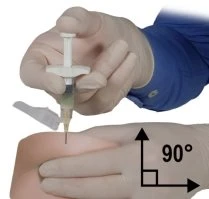 A gloved hand holding a syringe to inject liquid into an arm at a 90-degree angle indicated by a black arrow