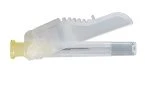 Transparent pen syringe with white protective cap and yellow tip on white background