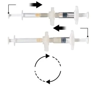 Diagram showing two syringes with black arrows indicating a circular rotational movement between them for