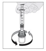 One hand holding a syringe with a plunger and two curved arrows indicating the rotational movement of the syringe base