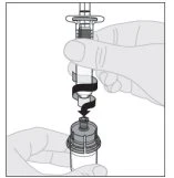 One hand holding a syringe and rotating it downward to lock it into a cylindrical container via a black curved arrow