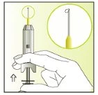 Una mano tiene una siringa con un ago sottile e un dettaglio ingrandito che mostra la punta ricurva dell'ago