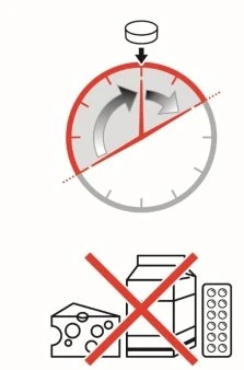 Diagramma con un orologio che indica un intervallo temporale e icone di formaggio, latte e pillole barrate da una X rossa