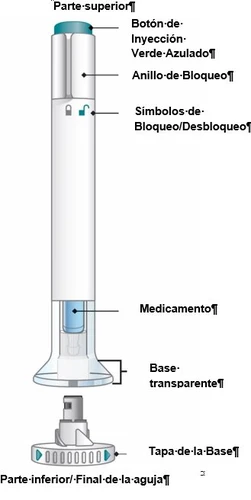 Penna medica con pulsante di iniezione azzurro-verde, anello di bloccaggio, simboli di sblocco, contenitore del farmaco e base trasparente