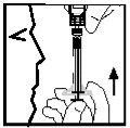 Disegno tecnico che mostra una mano che impugna una siringa e la spinge verso il basso