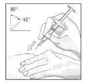 Disegno tecnico che mostra una mano che impugna una siringa per un'iniezione