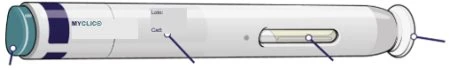 White and blue cylindrical medical device named MYCLIC with dose indicators and a transparent window to view the internal liquid