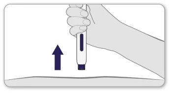 A hand holding a cylindrical medical device with an arrow pointing toward the top
