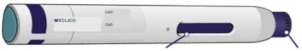 White and blue auto-injector pen labeled MYCLICO, with spaces for batch number and expiration date, and a blue dose indicator visible on the side