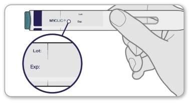 A hand holding a Myclic injection pen, with a close-up showing blank fields for batch number and expiration date