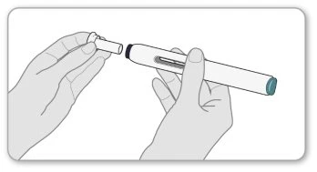 Two hands separating the protective cap from the body of a medical injection pen for drug administration