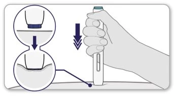 Medical illustration showing a hand pressing an injection pen against the skin with arrows indicating downward movement
