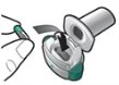 Illustrazione medica di un dispositivo autoiniettore con il cappuccio rimosso e una linguetta nera pronta per l'uso