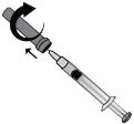 Diagram showing a syringe tilted with a curved arrow indicating rotational movement of the device body
