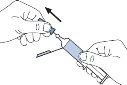 Two hands unscrewing or screwing a blue cap onto or off a glass vial containing blue liquid, with a black arrow pointing counterclockwise