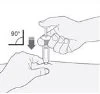 Technical drawing showing a hand holding a syringe inserted vertically at a 90-degree angle into the skin with