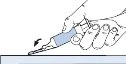 A hand holding a medical device with a needle being inserted into a flat surface following a direction indicated by a black arrow
