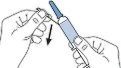Two hands gripping an injection pen with a black arrow indicating downward movement for administration