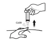 A hand holds an injection pen above the skin while the