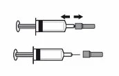Diagram showing two syringes with black arrows indicating the insertion movement and the