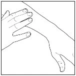 Disegno a linee nere che mostra due mani che si toccano, una mano è aperta con le dita distese e l'
