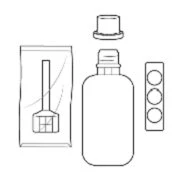 Disegno lineare di una fiala con tappo separato, una bustina contenente una siringa e un blister con tre compresse circolari