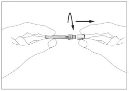 Two hands holding the two segments of a medical device, separating them with a rotational and rightward pulling motion