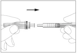 Two hands holding two parts of a syringe separately, then joining them horizontally to the right as indicated by a black arrow above