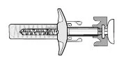 Disegno tecnico di un dispositivo medico a siringa con pistone, corpo trasparente contenente un liquido e una struttura alare centrale