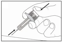 A hand holding a syringe with two black arrows indicating the direction of pressure on the plunger and