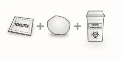 Schematic drawing showing a tissue packet, an amorphous mass, and a sharps container with a biohazard symbol