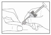 Two hands holding a syringe to inject its contents into a part of the body with