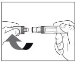 Two hands joining and rotating two parts of a medical device for the