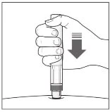 A hand holding an injection pen and pressing it downward against the skin as indicated by a downward-pointing arrow
