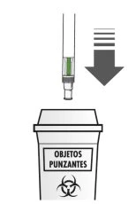 Diagram showing a needle with green liquid being placed into a sharps container with biohazard symbol
