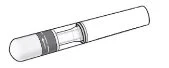 Technical drawing of a medical injection pen with a cylindrical body, transparent section showing the internal mechanism and a rounded tip