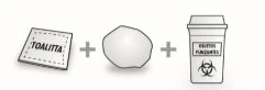 Schematic drawing with a tissue packet, a stone, and a sharps container with biohazard symbol separated by plus signs