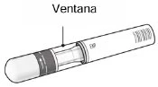 Medical pen-shaped device with a small central transparent window labeled 'Viewing Window' for content inspection