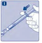 Una mano impugna una siringa con il pollice posizionato sul pistone per preparare l'iniezione con una freccia blu che indica il movimento verso il basso