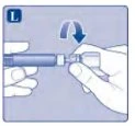 Due mani che tengono una penna iniettiva, con una freccia blu curva che indica il movimento di rotazione verso il basso per l'attivazione