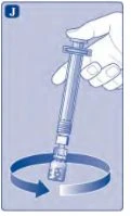 A hand holding a syringe vertically and rotating it following the direction of a circular blue arrow pointing downward